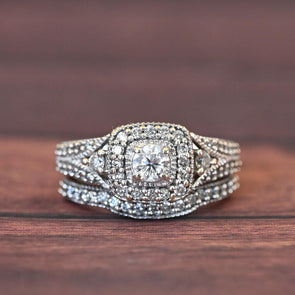 7/8cttw Diamond Halo Engagement Ring 14k White Gold Wedding Set