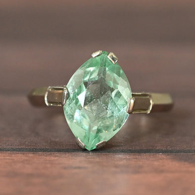Vintage Marquise Uranium Glass 14k White Gold Solitaire Ring - Glows Green!