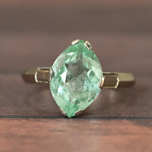 Vintage Marquise Uranium Glass 14k White Gold Solitaire Ring - Glows Green!