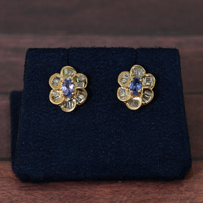 Tanzanite & Diamond Flower Cluster 14k Gold Earrings