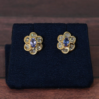 Tanzanite & Diamond Flower Cluster 14k Gold Earrings
