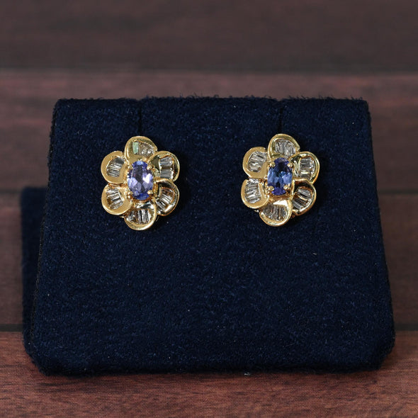 Tanzanite & Diamond Flower Cluster 14k Gold Earrings