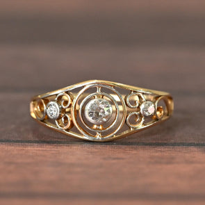 Art Deco Bezel Set Diamond 14k Yellow Gold Low Profile Open Work Ring