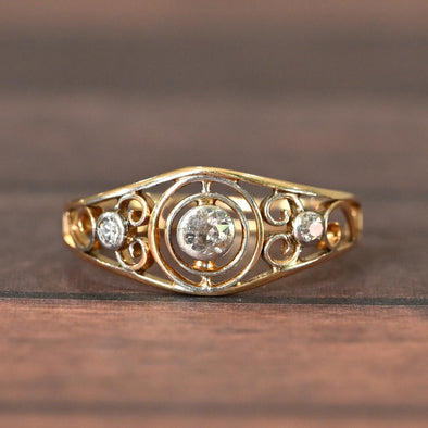 Art Deco Bezel Set Diamond 14k Yellow Gold Low Profile Open Work Ring