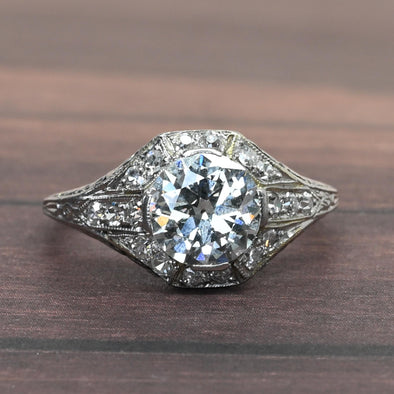 Dated 1924 Art Deco Platinum 1.55Ct Diamond, Filigree Detailed Ring