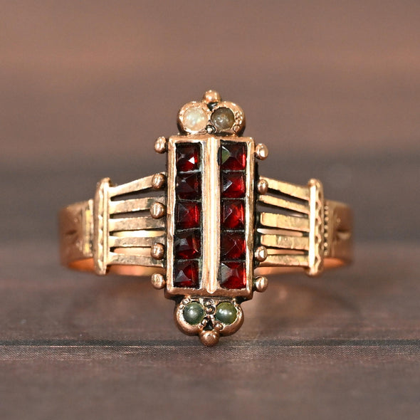 Victorian Garnet & Seed Pearl Yellow Gold Ring "Jane" Dated 1886