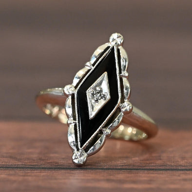 Retro Onyx w Diamond 10k White Gold Navette Ring