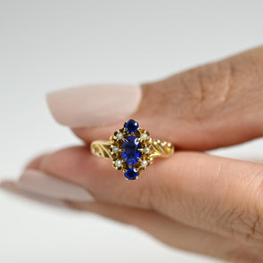 Victorian Style 14K Yellow Gold Deep Blue Gem and Seed Pearl Ring
