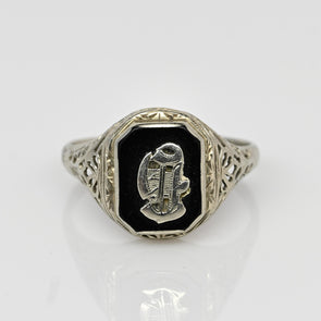 Vintage 14K White Gold and Onyx " D" Signet Ring