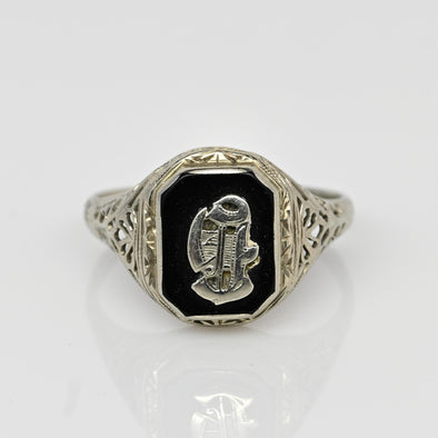 Vintage 14K White Gold and Onyx " D" Signet Ring