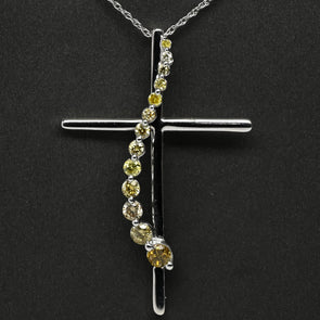 Yellow Diamond Cross Journey Pendant 14k White Gold Necklace