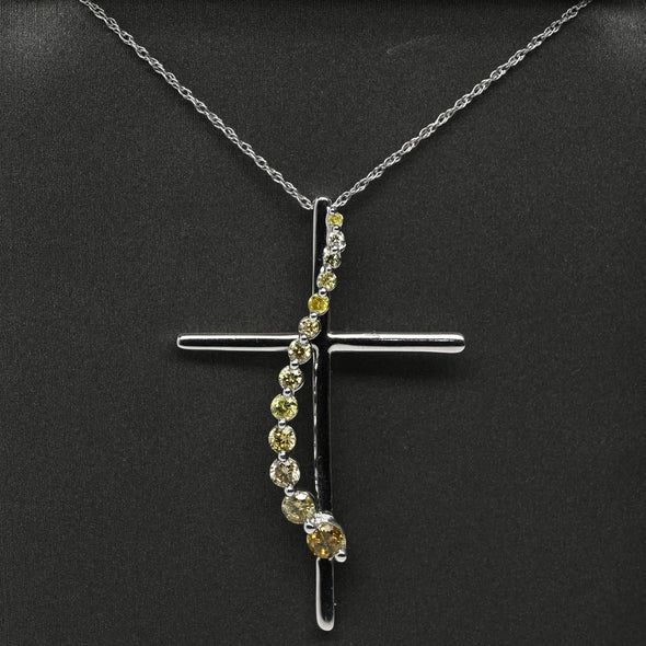 Yellow Diamond Cross Journey Pendant 14k White Gold Necklace