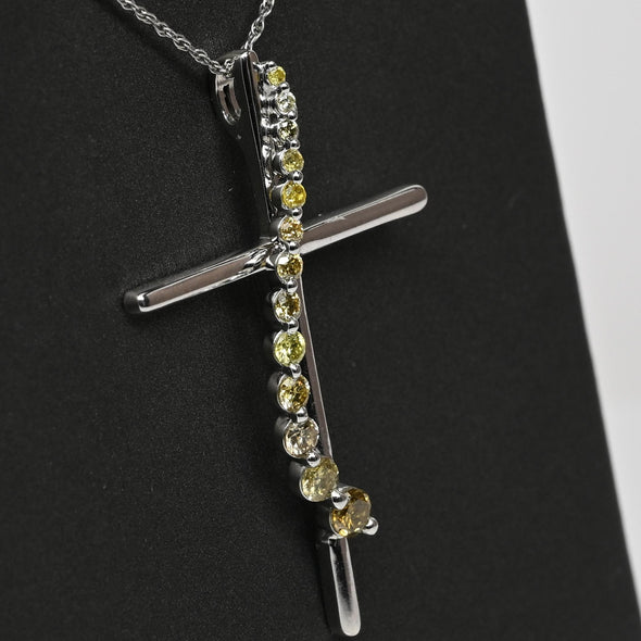 Yellow Diamond Cross Journey Pendant 14k White Gold Necklace