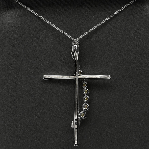 Yellow Diamond Cross Journey Pendant 14k White Gold Necklace