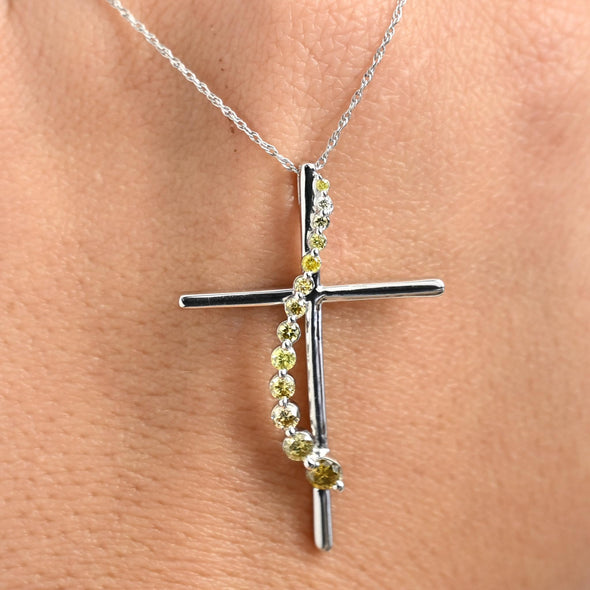 Yellow Diamond Cross Journey Pendant 14k White Gold Necklace