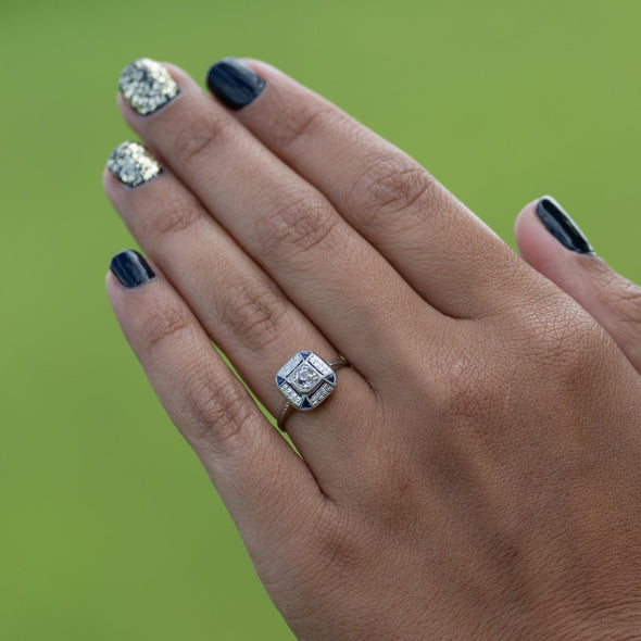 Antique Art Deco Square Top Diamond Ring with Sapphire accents