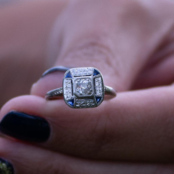 Antique Art Deco Square Top Diamond Ring with Sapphire accents