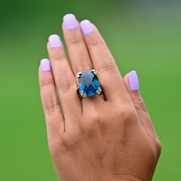 Approx. 40 Carat Blue Topaz Statement Ring with Sapphire and Diamond accents