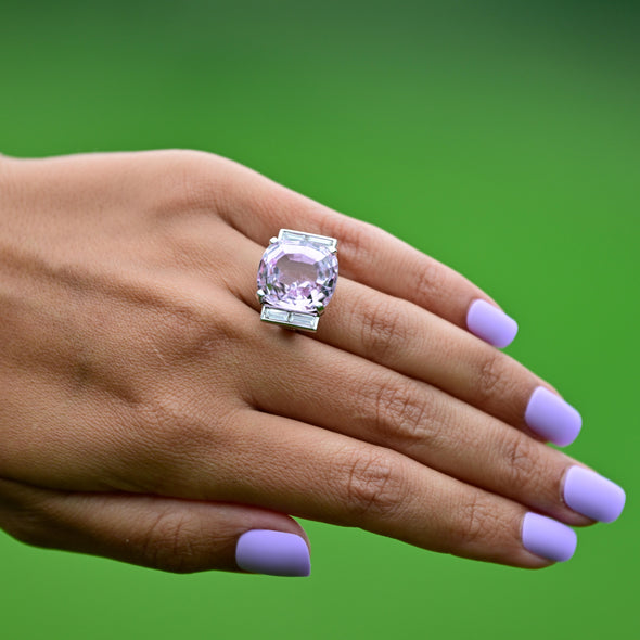 23ctw Kunzite Cushion and Diamond Baguette Ring in 14k White Gold