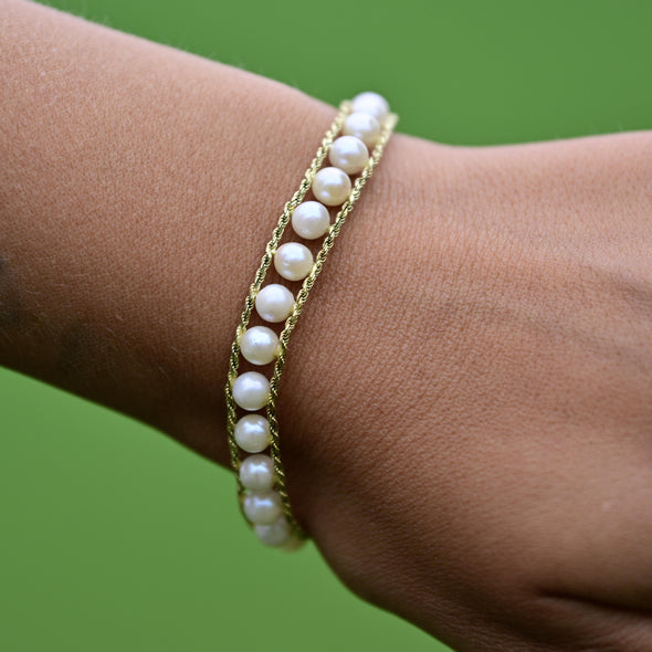 Double Rope Cultured Pearl Bracelet in 14k Yellow Gold