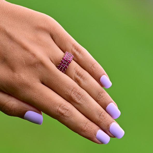 Ruby Pyramid Three Row Gemstone Ring in 10k Yellow Gold