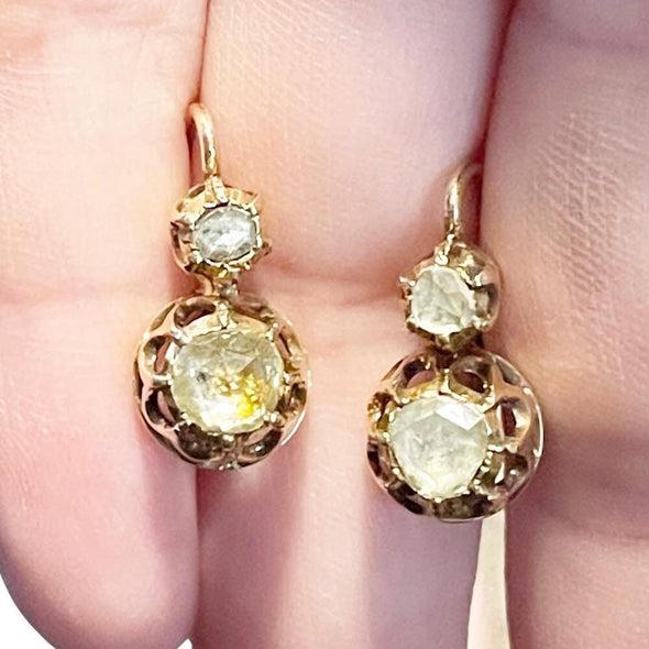 Antique Victorian Foil Back Rose Cut Diamond Vintage Dangle Earrings