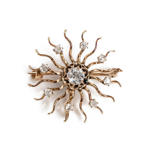 Art Deco Sun Design Convertible Pin with Old Cut Diamonds 14K