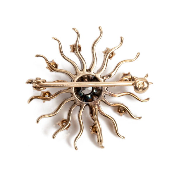Art Deco Sun Design Convertible Pin with Old Cut Diamonds 14K