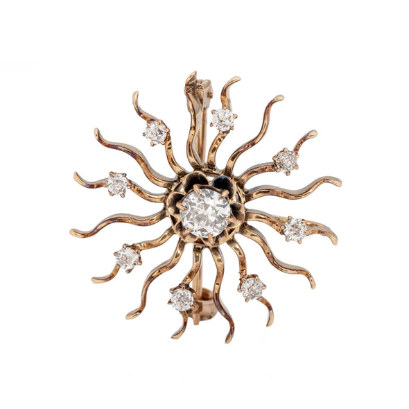 Art Deco Sun Design Convertible Pin with Old Cut Diamonds 14K