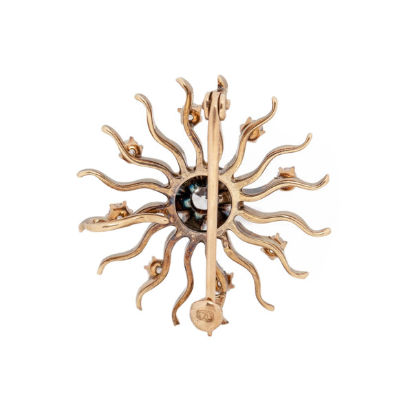 Art Deco Sun Design Convertible Pin with Old Cut Diamonds 14K
