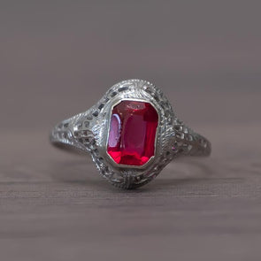 Antique 14K White Gold Synthetic Ruby Ring