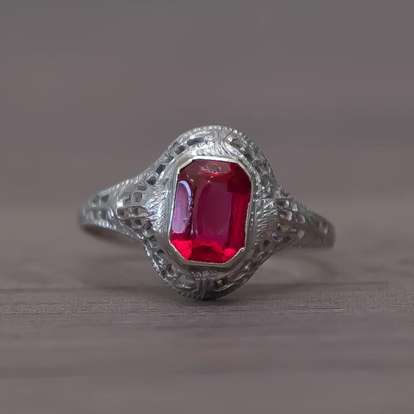 Antique 14K White Gold Synthetic Ruby Ring