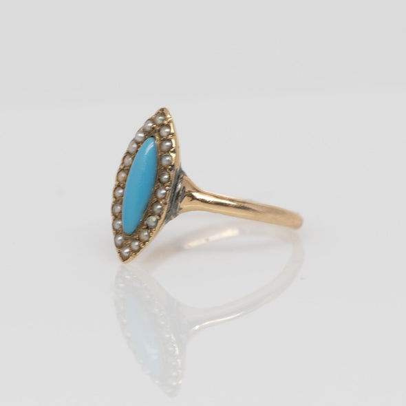 Victorian Rose Gold Turquoise and Seed Pearl Navette Ring