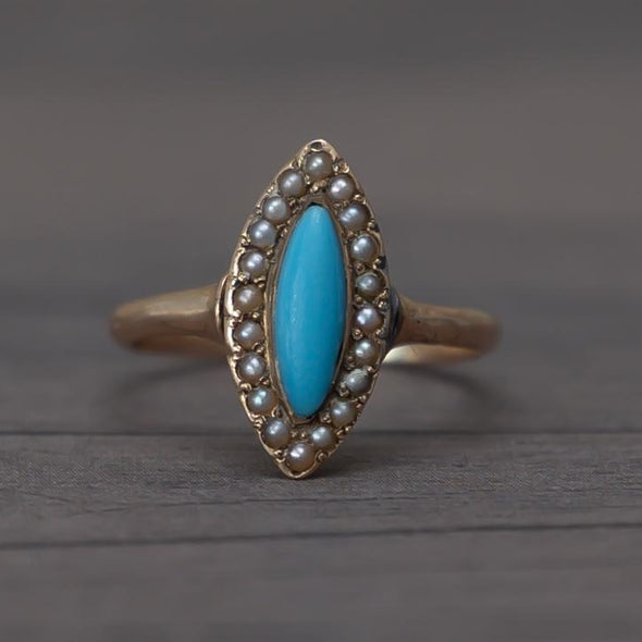 Victorian Rose Gold Turquoise and Seed Pearl Navette Ring