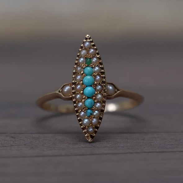 Victorian Rose Gold Turquoise and Seed Pearl Navette Ring