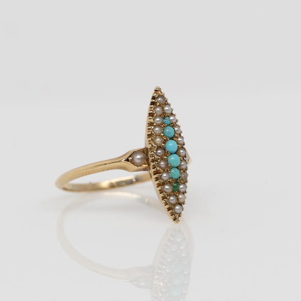 Victorian Rose Gold Turquoise and Seed Pearl Navette Ring