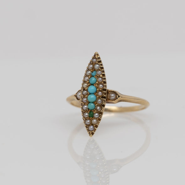 Victorian Rose Gold Turquoise and Seed Pearl Navette Ring