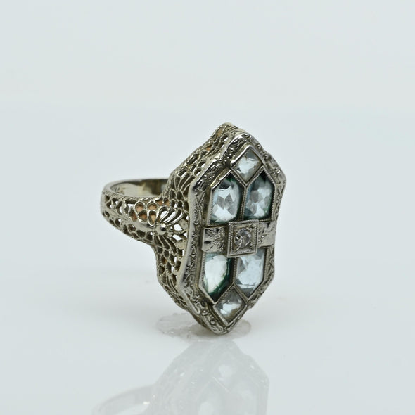 Art Deco Aquamarine & Diamond Shield Ring 14k White Gold Filigree