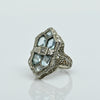 Art Deco Aquamarine & Diamond Shield Ring 14k White Gold Filigree