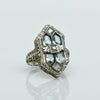 Art Deco Aquamarine & Diamond Shield Ring 14k White Gold Filigree