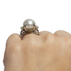 Edwardian Platinum Hand Made Vintage Mount with Large Cultured Pearl on the hand from the back showing off the gallery details 