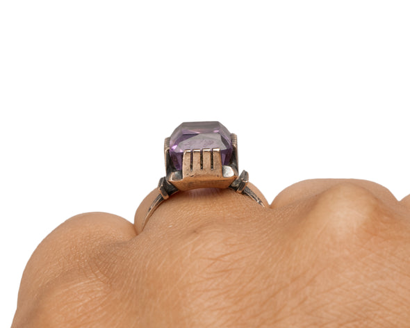 Victorian 10K Rose Gold Antique Purple Amethyst Fashion/Statement Ring on the hand from the back showing off the height 