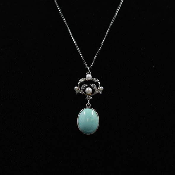 Circa 1900's Art Nouveau Platinum Turquoise, Diamond, & Pearl Necklace