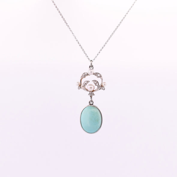 Circa 1900's Art Nouveau Platinum Turquoise, Diamond, & Pearl Necklace