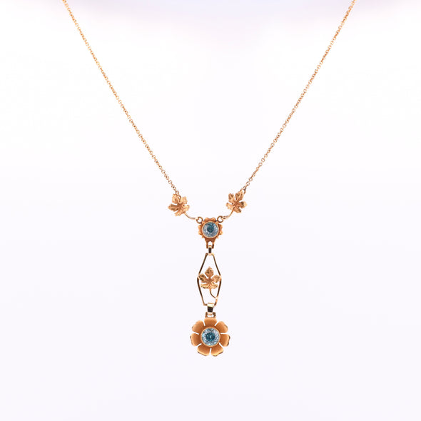 Art Deco Blue Zircon Floral Gold Drop Pendant Necklace