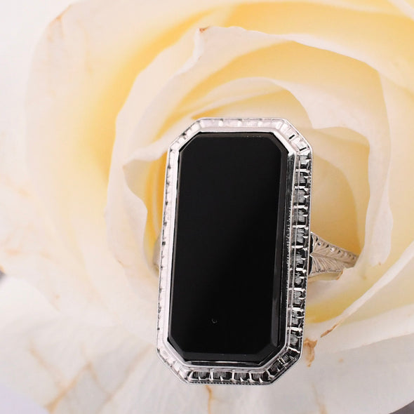 Art Deco Black Onyx Bezel Set 14K White Gold Shield Ring