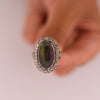 Edwardian Black Opal Cabochon and Diamond Halo Vintage Platinum Ring