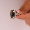 Edwardian Black Opal Cabochon and Diamond Halo Vintage Platinum Ring