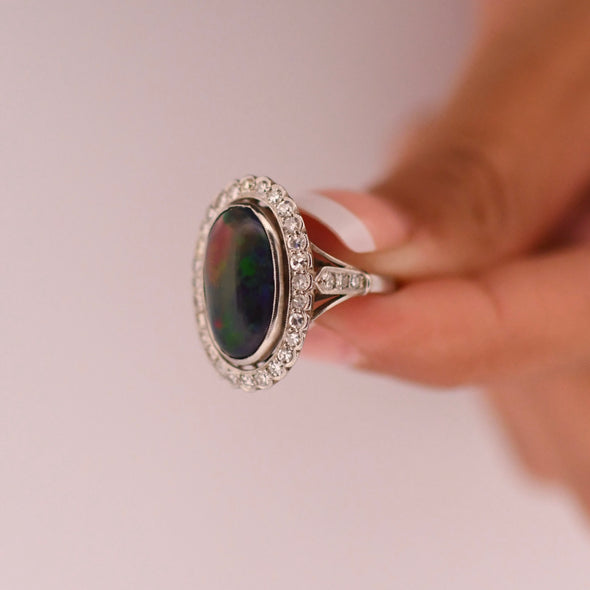 Circa 1900's Edwardian Opal Cabochon and Diamond Halo Ring R-623SPTX-N725