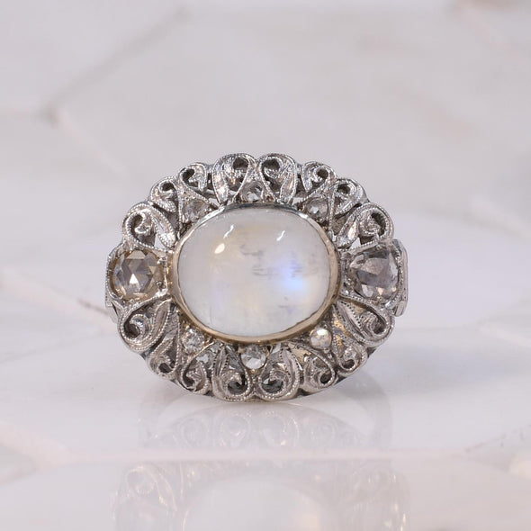 1910's Edwardian 18K 5Ct Moonstone Antique Filigree with Diamond Halo Ring